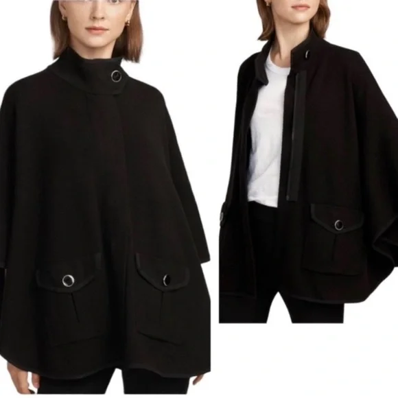 Anne Klein High Neck Pocketed Cape Black Sweater Shrug Poncho Mock Neck - Picture 11 of 14
